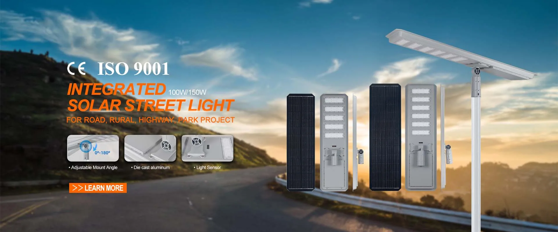 Integrated solar street light, 100W/150W, for road, rural, highway and park projects — CE and ISO 9001 certified