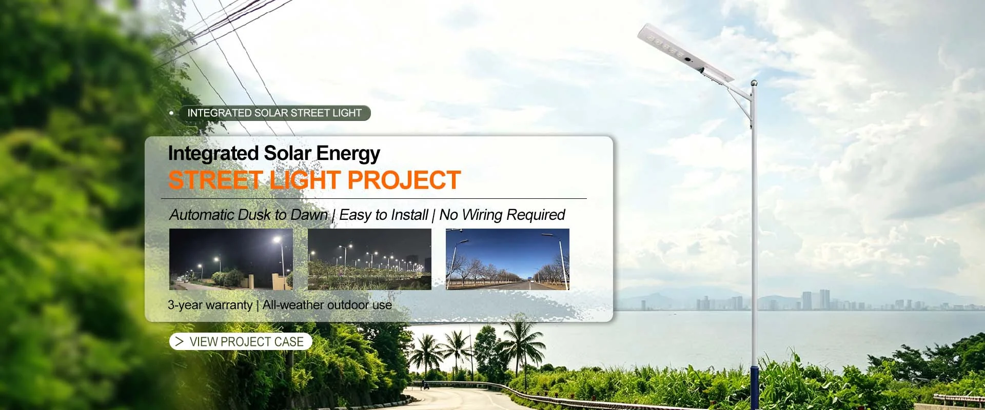 Integrated solar street light project along a coastal highway — automatic dusk-to-dawn, no wiring required, 3-year warranty